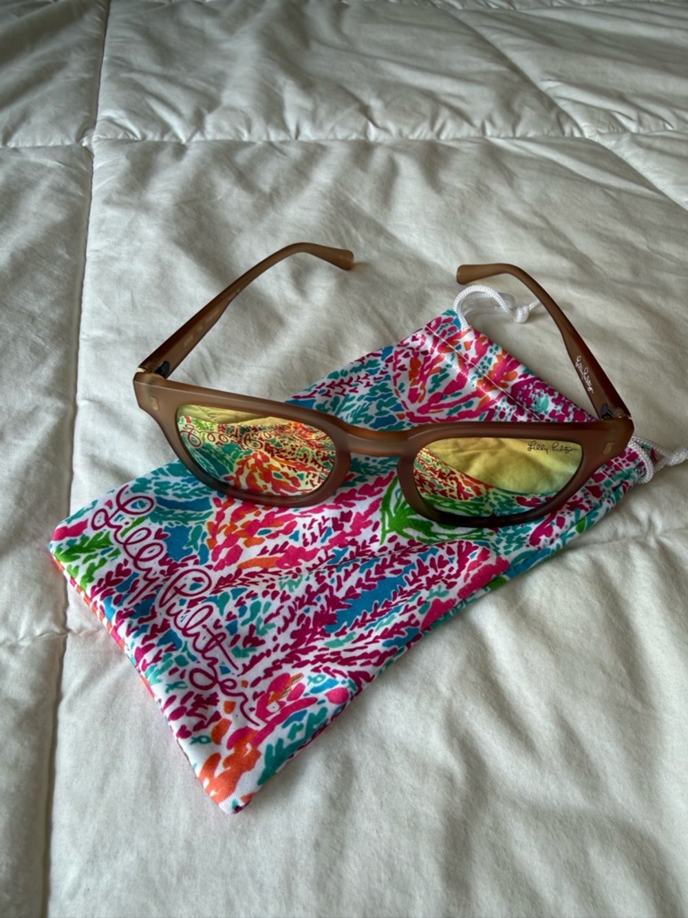 Lilly Pulitzer Matte Brown Frame Sunglasses with Reflective Green Lenses